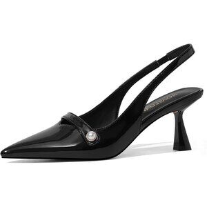 🆕Women Black Polyurethane Kitten Heels Slingback Pumps Pearl Toe